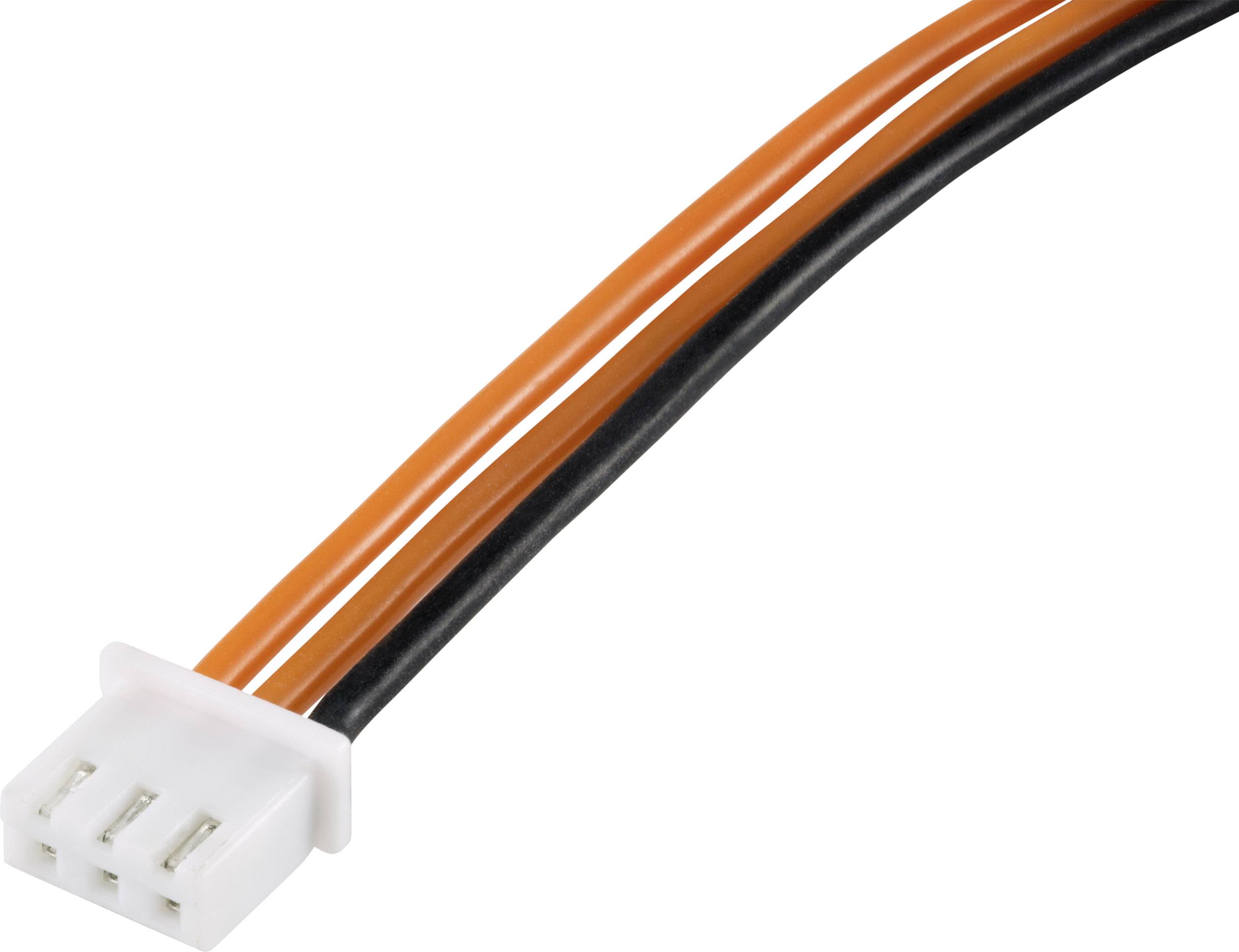 Three-pin electrical connector with orange and black wires, showing electrical connection.