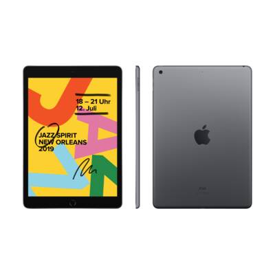'Front view of a tablet displaying a colourful poster for the 'Jazz Spirit New Orleans 2019' from 18th-21st July.'