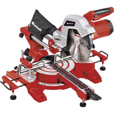 A red electric mitre saw with dust bag and scale, suitable for precise cuts in wood or plastic.