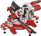 A red electric mitre saw with dust bag and scale, suitable for precise cuts in wood or plastic.