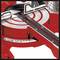 A red mitre saw with angle adjustment and scale shows a silver saw blade that is aligned for precise woodcuts.