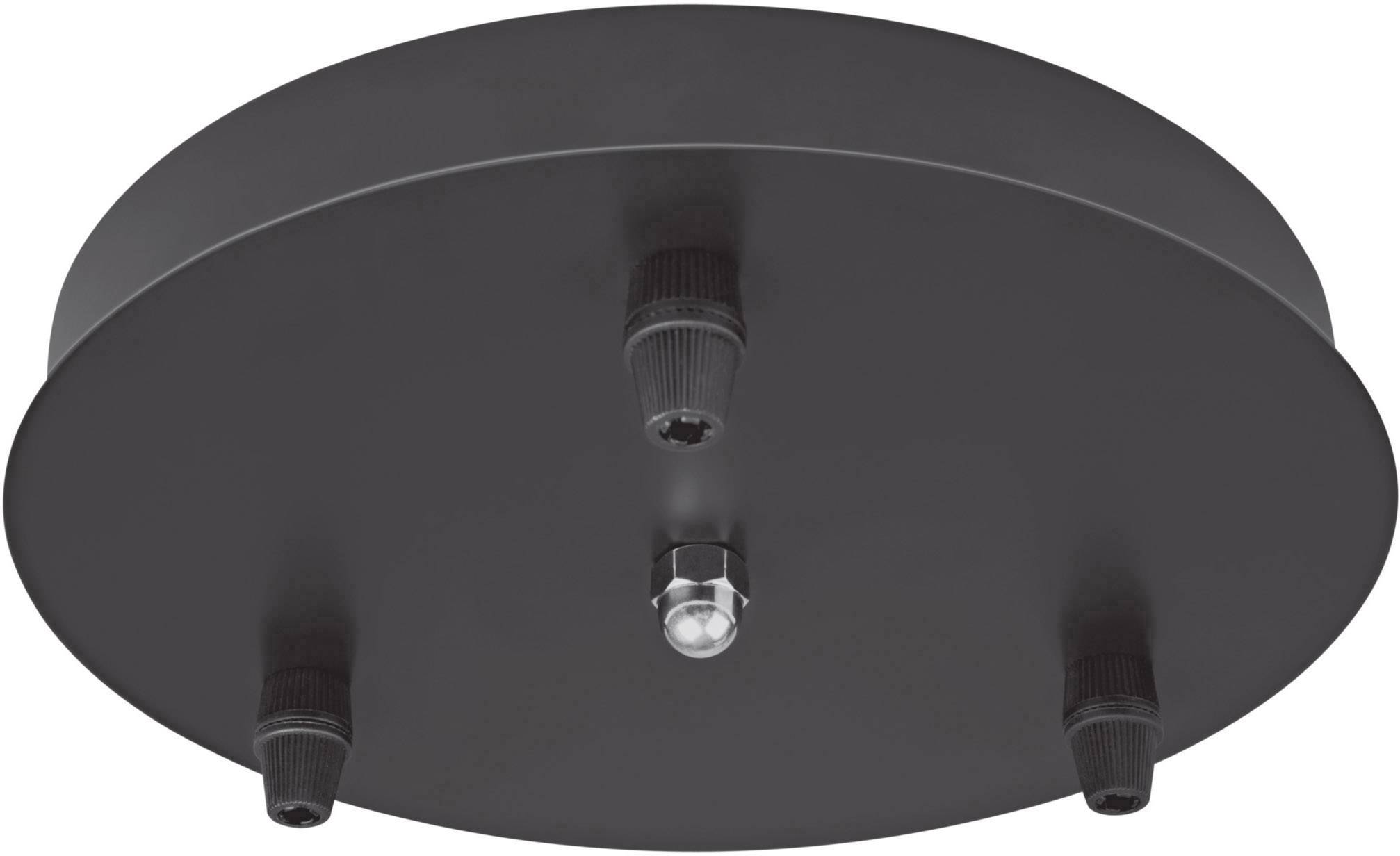 Black ceiling canopy with four mounting points for suspending pendant lights.