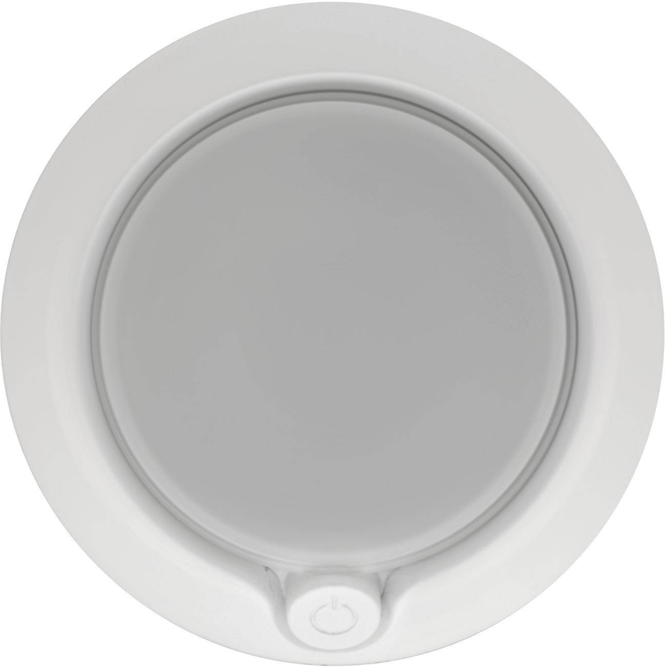 Round, grey device with a white frame and power button at the bottom.