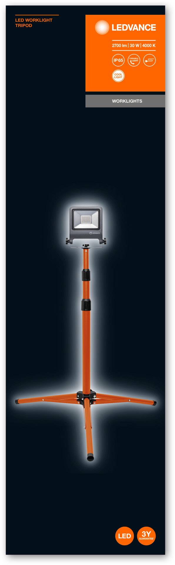 A LED work light on an orange tripod. 'LEDVANCE' is printed at the top along with technical details.