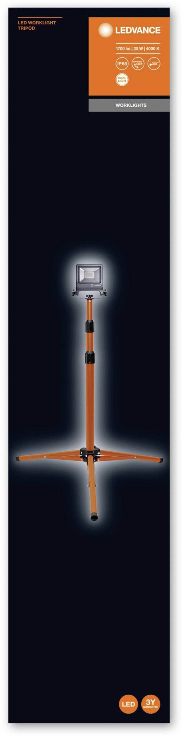 LED work light on tripod with orange stand being marketed. Brand name and energy savings highlighted.