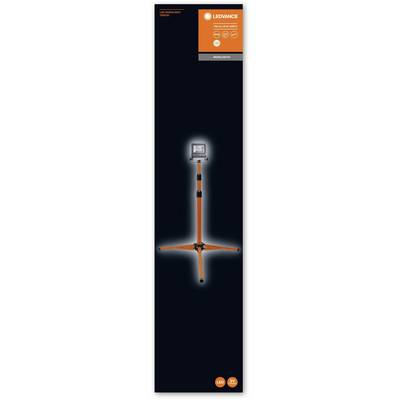 LED work light on tripod with orange stand being marketed. Brand name and energy savings highlighted.