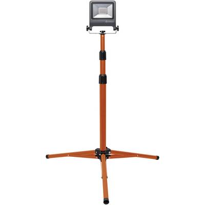 A mobile, adjustable LED floodlight on an orange tripod for use in construction or DIY projects.