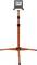 A mobile, adjustable LED floodlight on an orange tripod for use in construction or DIY projects.