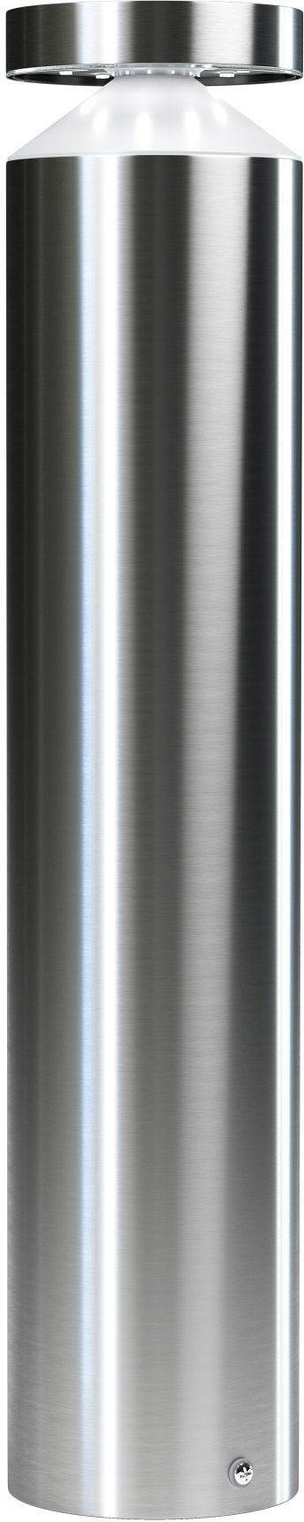 A silver, cylindrical metal cylinder stands upright. Its gleaming surface reflects light and creates bright streaks.