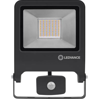 LED outdoor floodlight with motion sensor, rectangular black housing, with numerous light-emitting diodes, brand logo located bottom right.