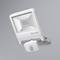 Square LED floodlight mounted on the wall with a motion sensor beneath; white colour, suitable for exterior lighting.
