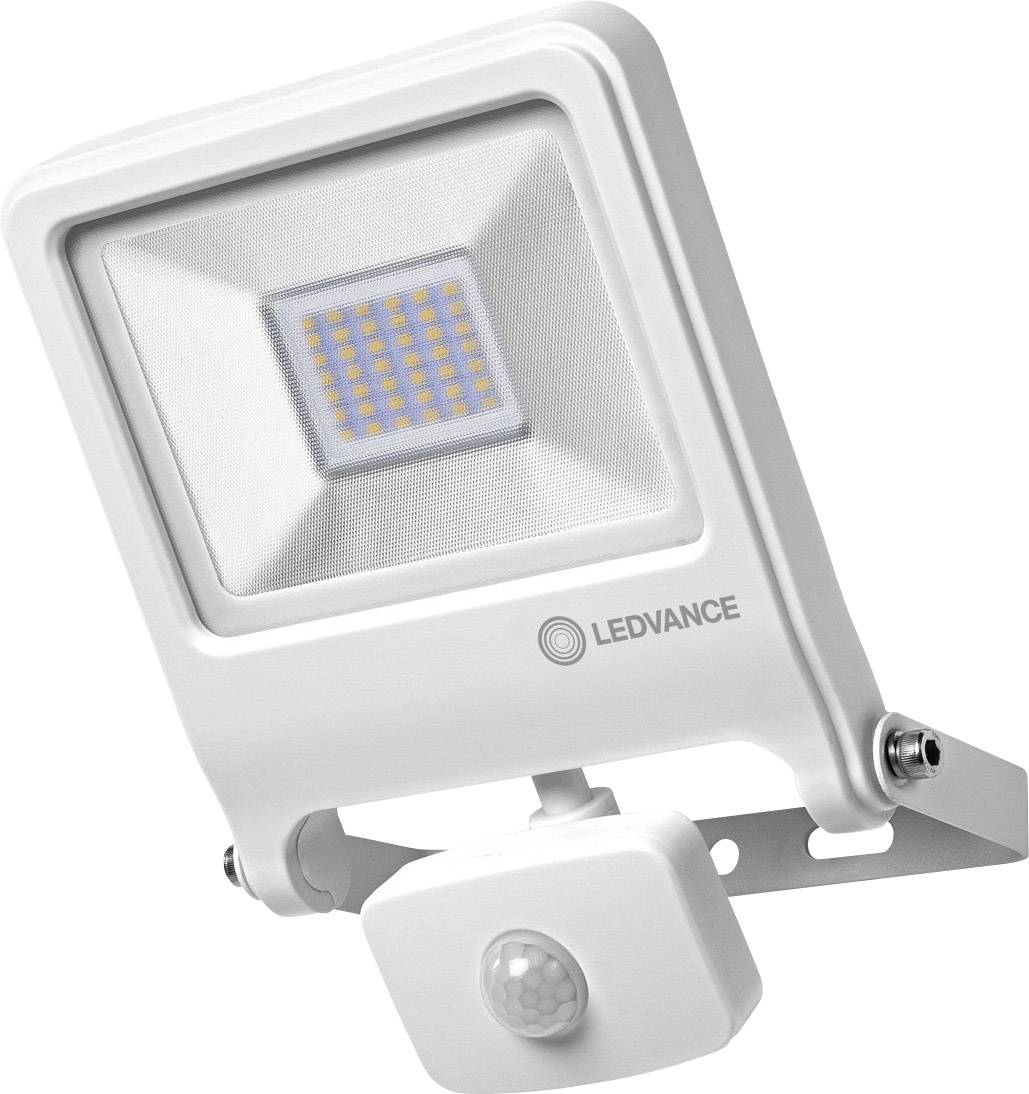 A white LED outdoor light with a motion sensor, suitable for illuminating exterior areas and enhancing security.