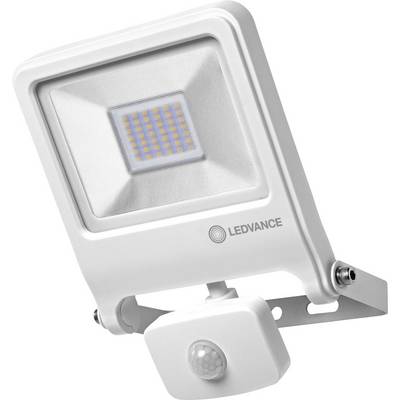 A white LED outdoor light with a motion sensor, suitable for illuminating exterior areas and enhancing security.