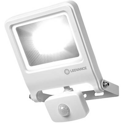 A white LED floodlight with a motion sensor, mounted on a bracket. Emits bright light. Marked with 'LEDVANCE'.