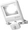 A white LED floodlight with a motion sensor, mounted on a bracket. Emits bright light. Marked with 'LEDVANCE'.