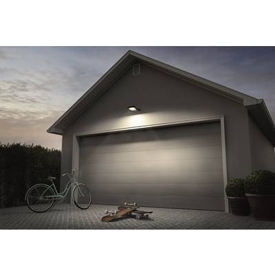 A closed garage door at dusk. A light blue bicycle and a wooden skateboard with silver axles are lying in front of it.