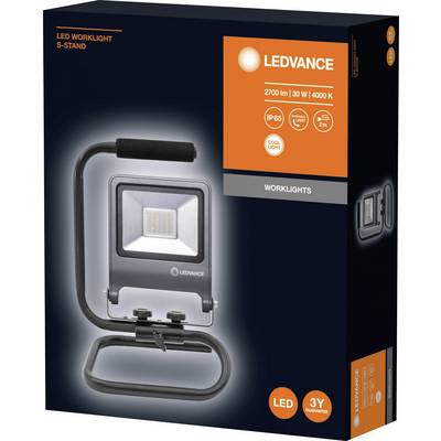 'This packaging shows an LED work light from Ledvance with an S-stand. Features: 2700 lumens, 30 watts, 4000 K, IP65, 3-year warranty.'