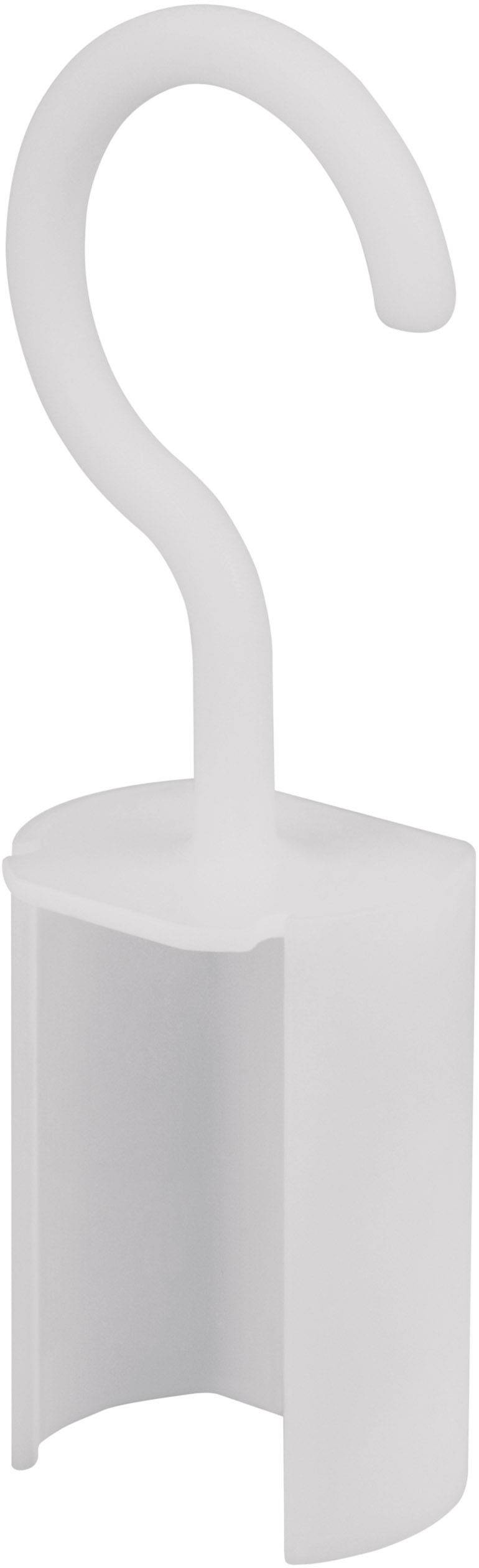 White plastic hook with an open clip design, suitable for hanging items on rods or thin rails.