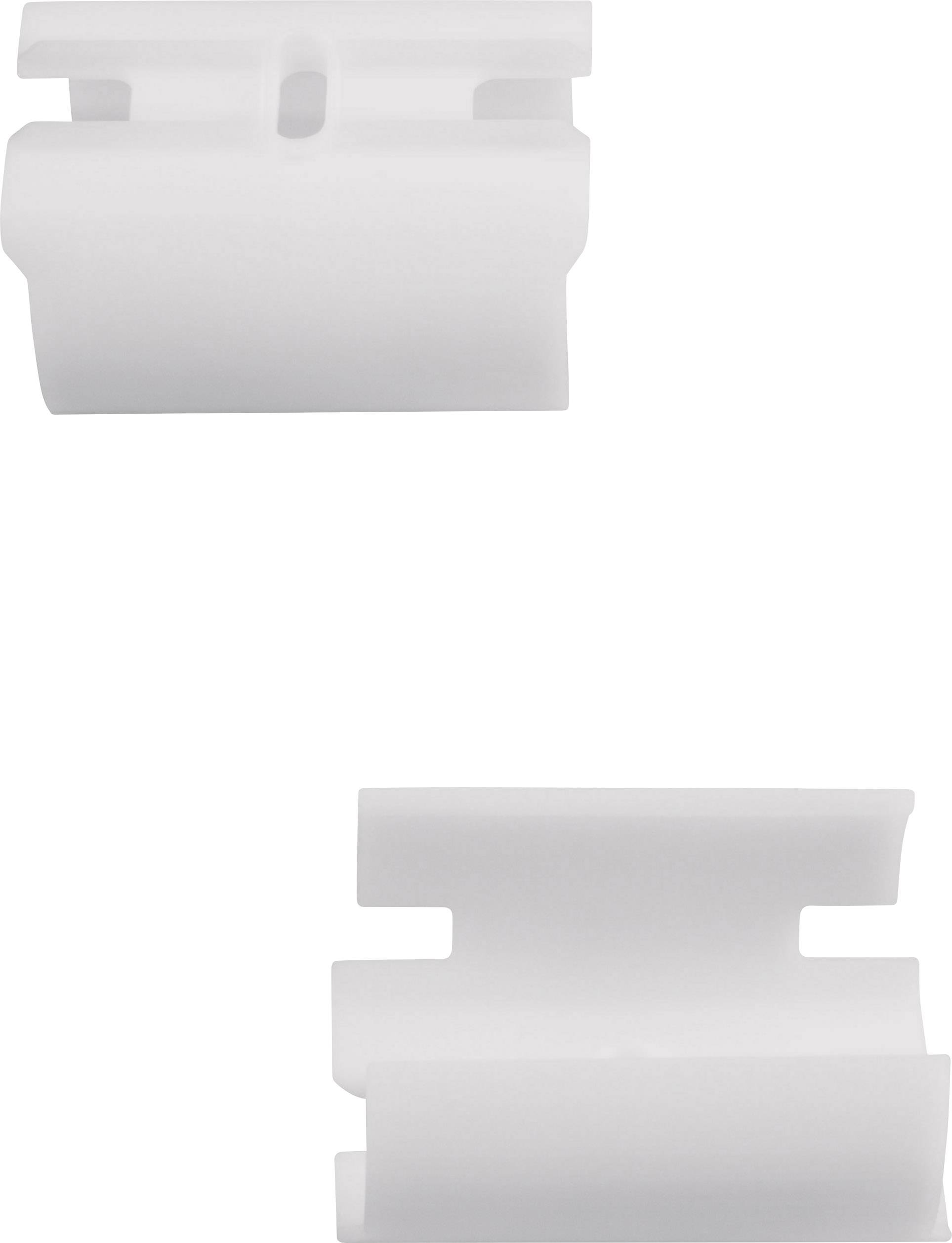 Two white, rectangular plastic clips positioned on top of each other. They are likely used for fastening or securing purposes.