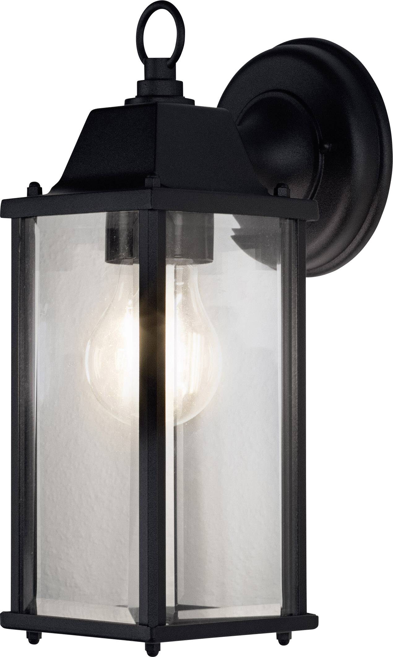 Exterior wall light in traditional lantern style, with a black metal frame and clear glass, featuring an illuminated light bulb.