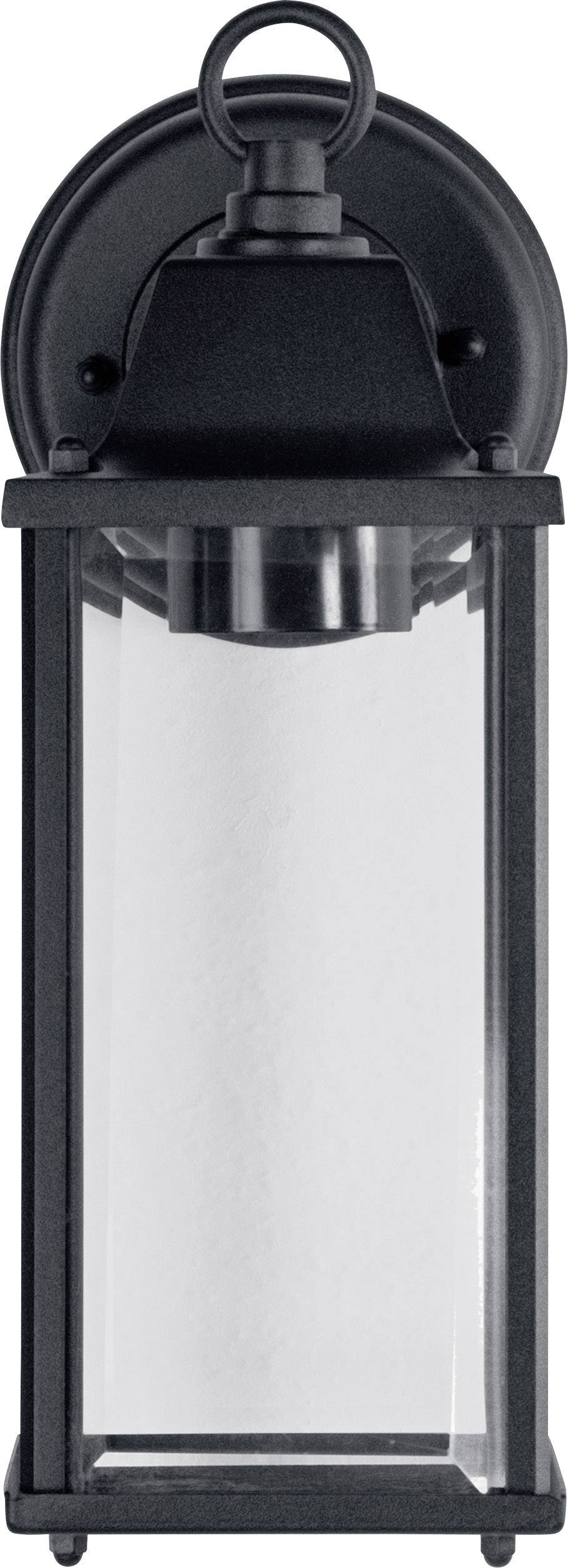 Black rectangular wall lantern with clear glass, suitable for decorative outdoor lighting.