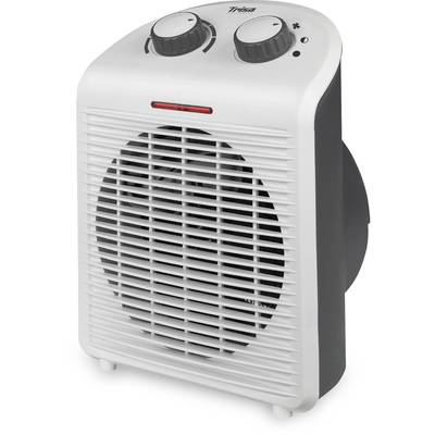 White electric fan heater with two rotary controls for temperature setting and fan speed on the top surface.