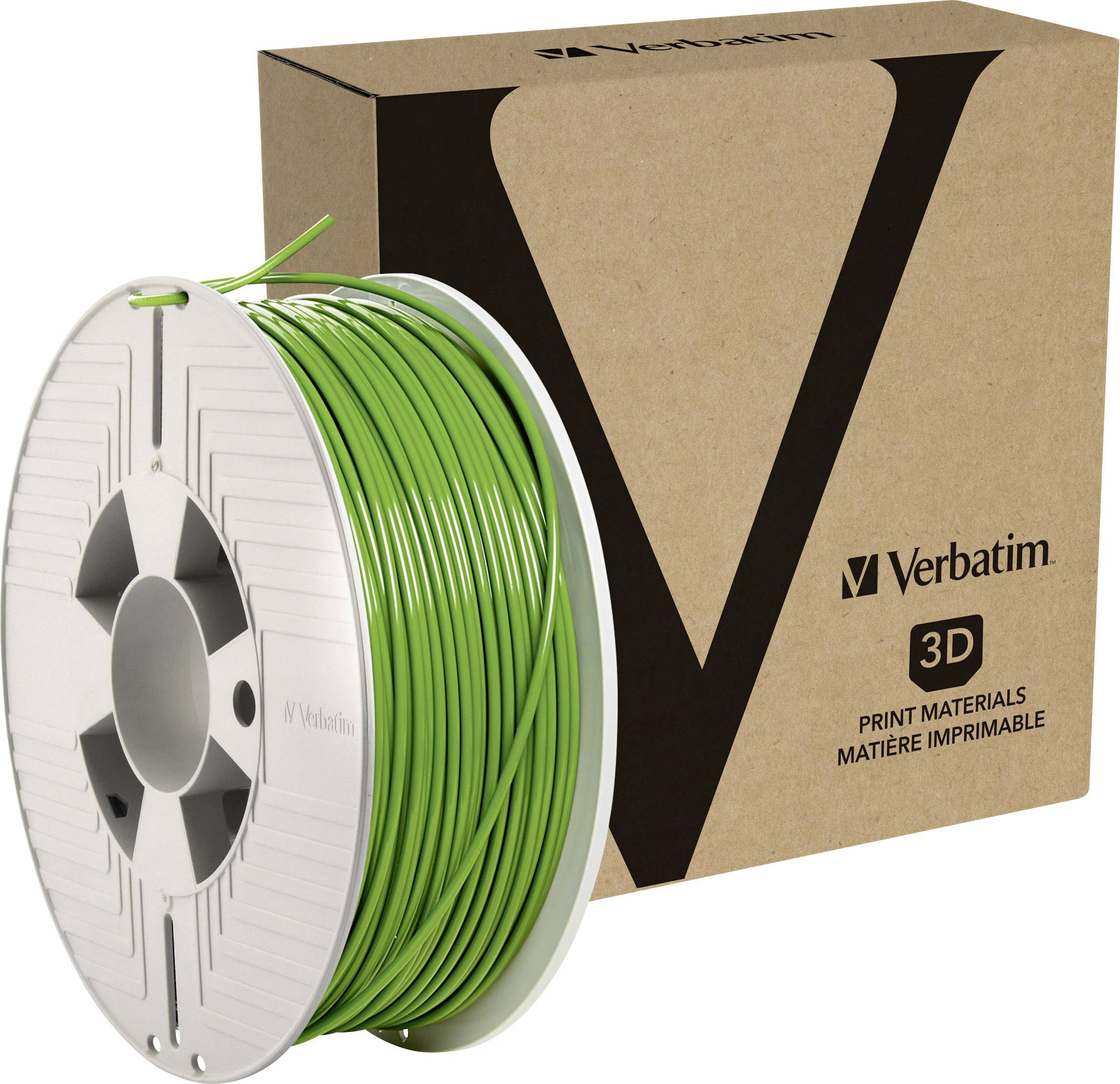 Green spool of 3D printing material from Verbatim, before packaging. Packaging shows the lettering 'Verbatim 3D PRINT MATERIALS'.