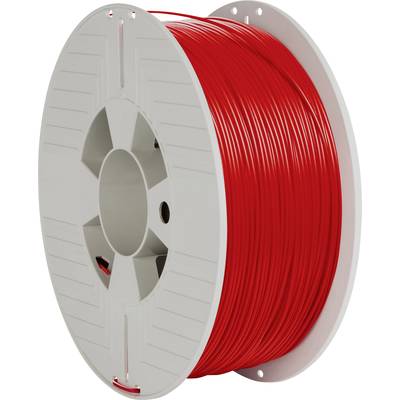 Reel with red filament for 3D printer, evenly wound on a grey plastic spool.