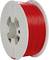Reel with red filament for 3D printer, evenly wound on a grey plastic spool.