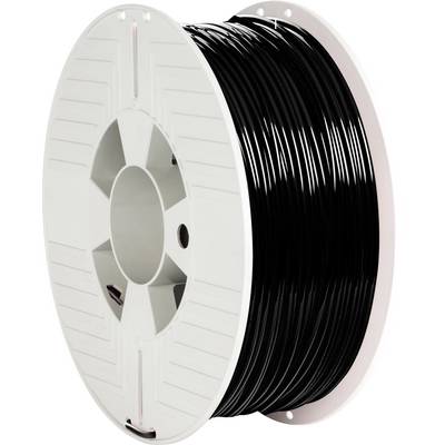 A roll of black 3D printer filament made of plastic, wound onto a white spool, against a white background.