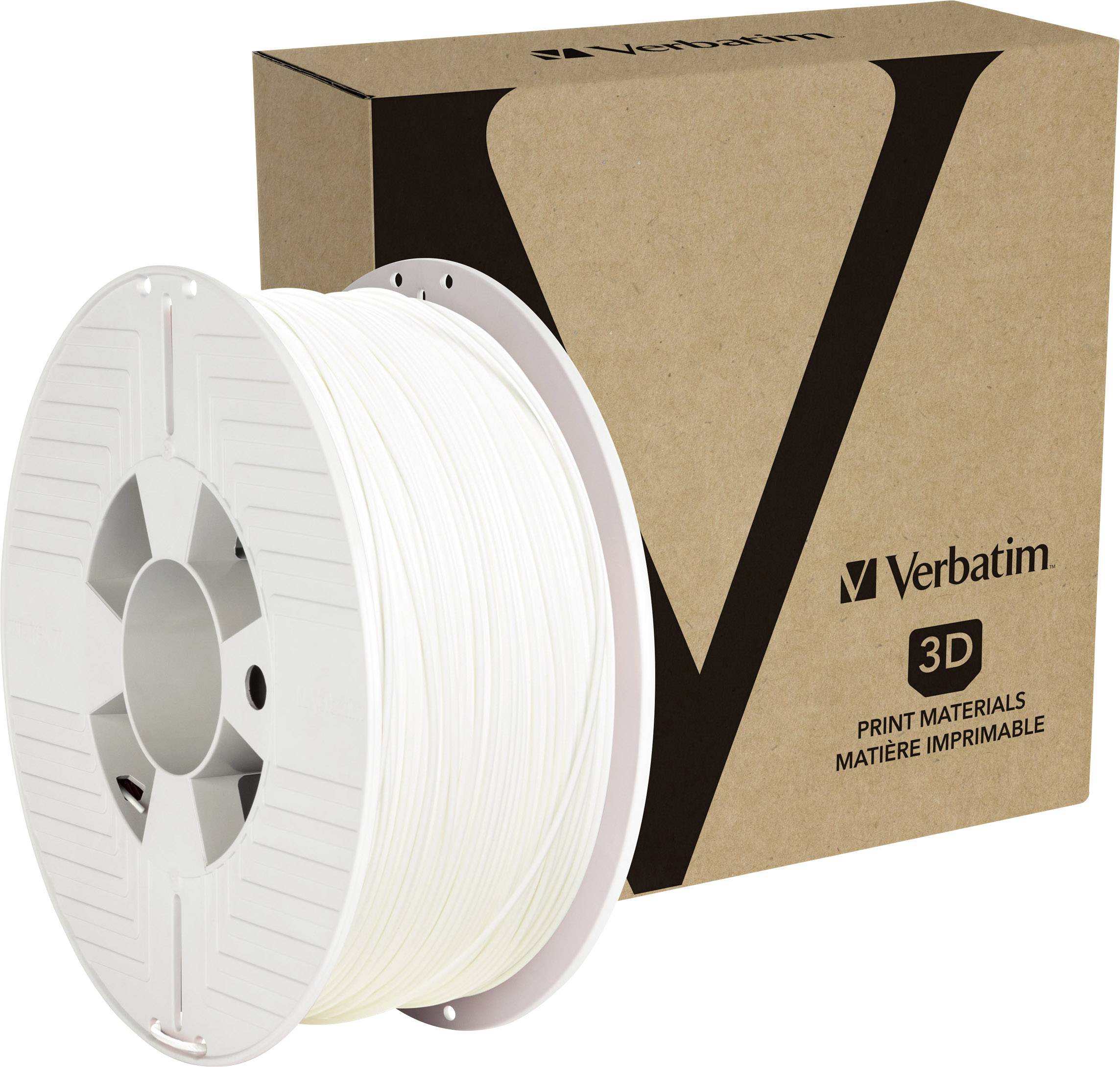 'Verbatim 3D Printing Material: White filament spool in front of a box with Verbatim logo. Suitable for 3D printers.'