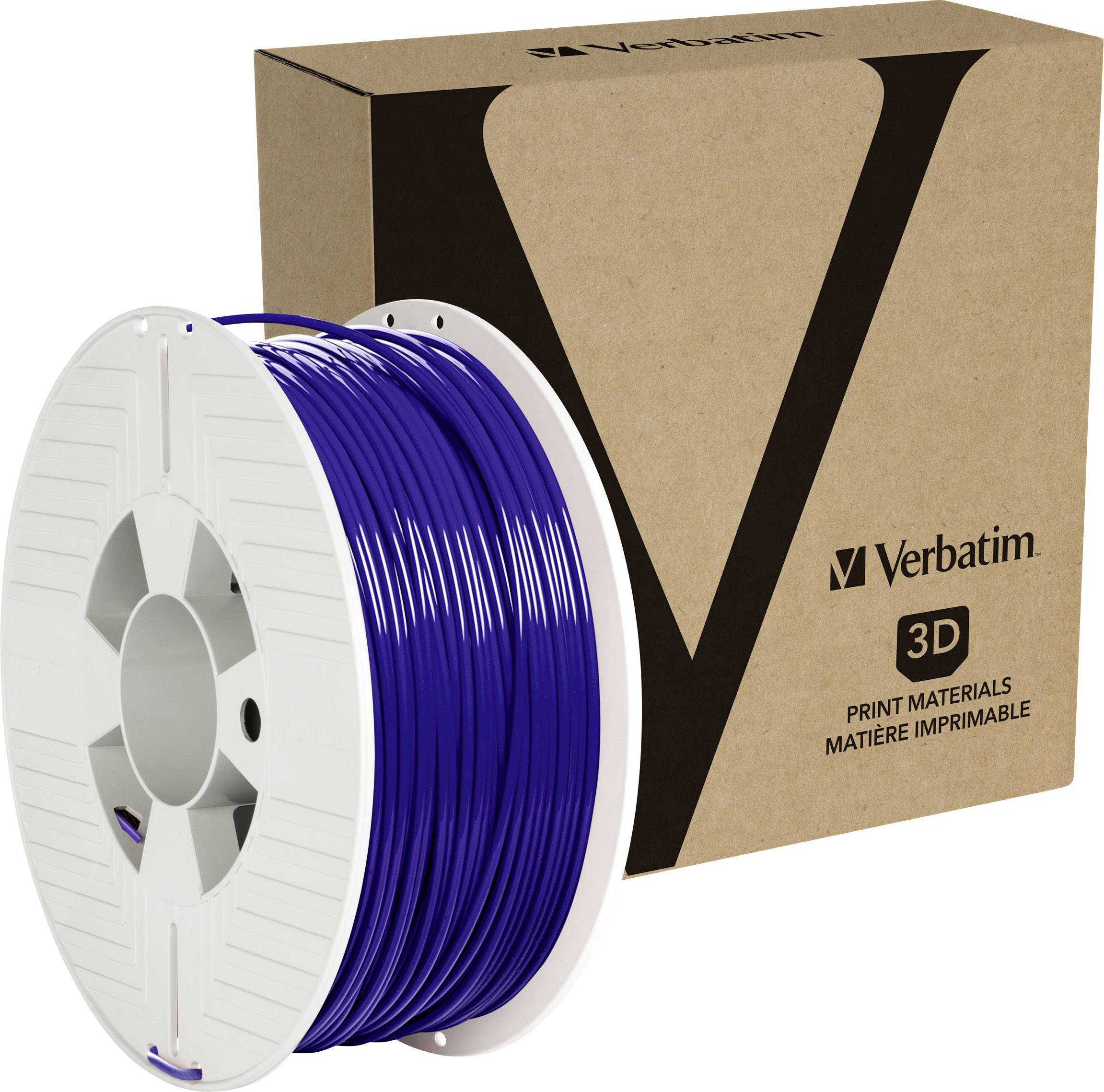 Blue 3D printing filament on a spool next to a package labelled 'Verbatim 3D Print Materials'.