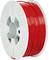 Red plastic filament reel on a spool, used for 3D printing.