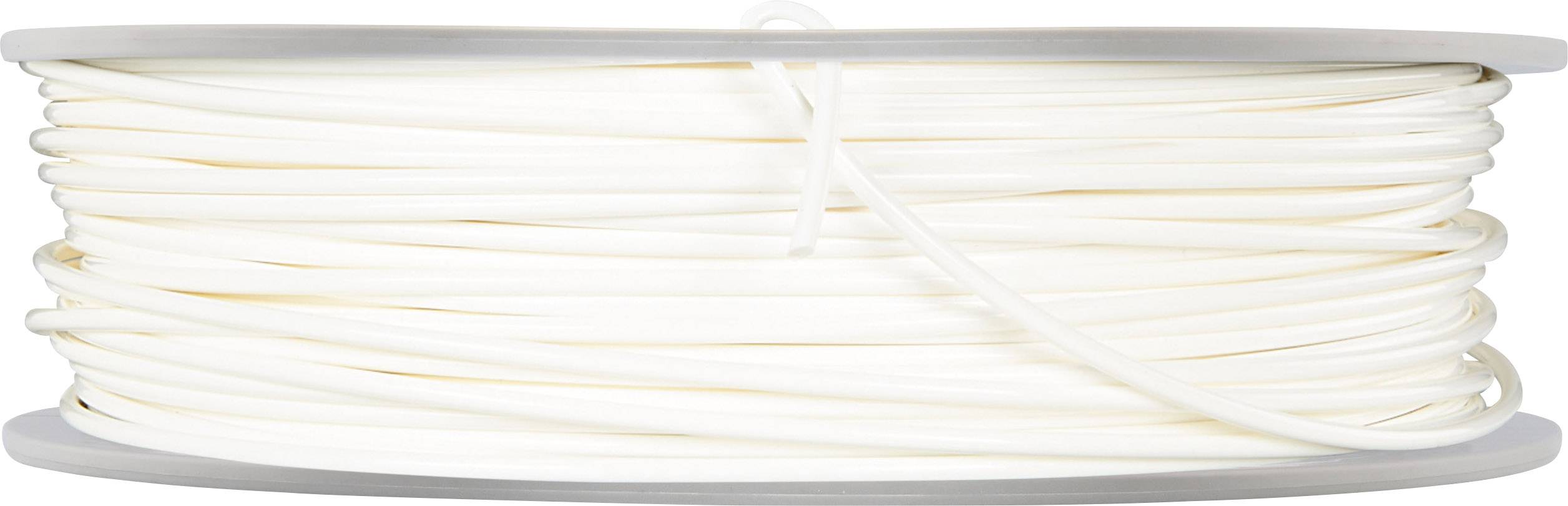 A white cable reel, neatly wound, lies horizontally on a neutral surface.