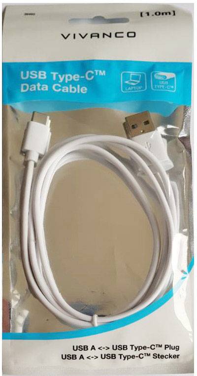 Vivanco USB Type-C Data Cable, 1.0 m Length, USB A to USB Type-C, White, in Packaging. Packaging Top Features Brand and Product Names.
