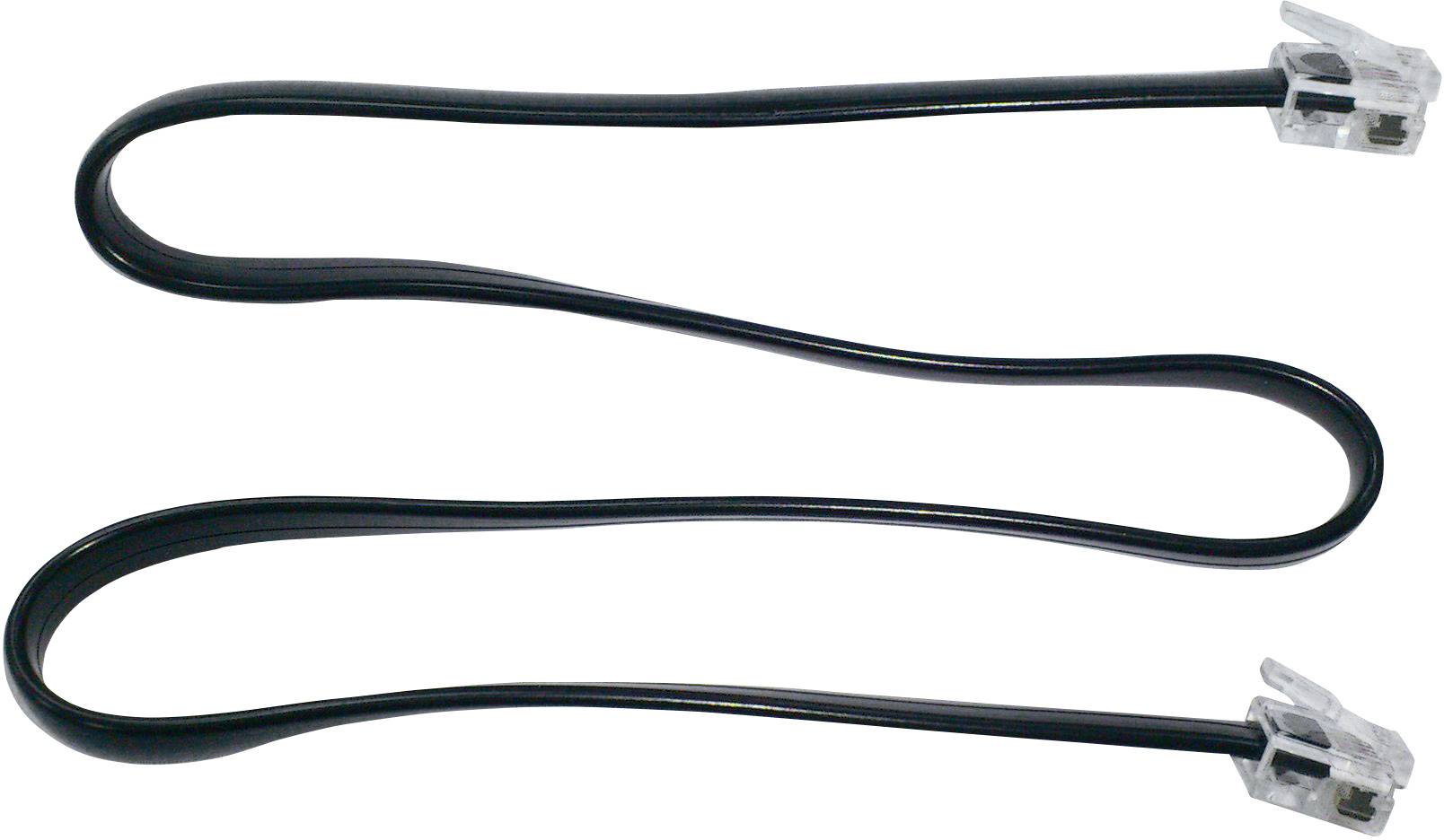 Black Ethernet cable with connectors on both ends, loosely coiled on a white background.