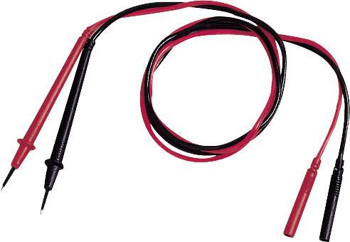 'A pair of red and black measuring leads with test probes for use with a multimeter, to measure electrical values.'