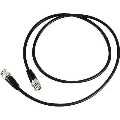 A black coaxial cable with BNC connectors at both ends, coiled on a white background.