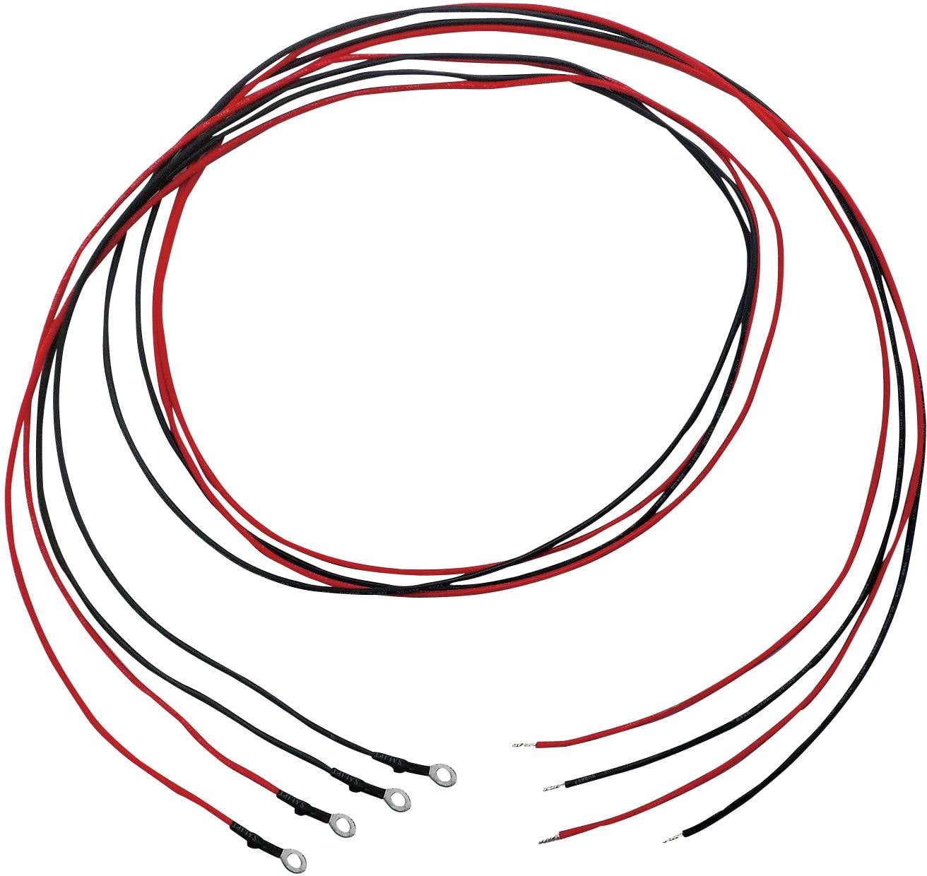 Two red and two black cables with ring terminals at one end and bare wire at the other, arranged in a spiral configuration.