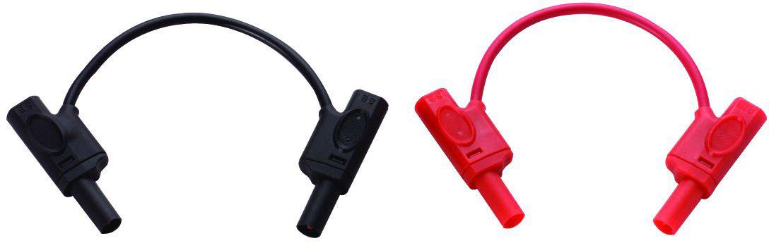 Two safety plugs, one red, one black, each connected with a short cable, for secure electrical connection.