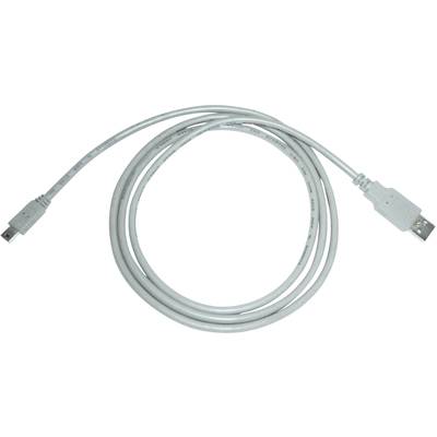 A white USB cable with a USB-A plug and a mini-USB plug, laid out in a loose circle.