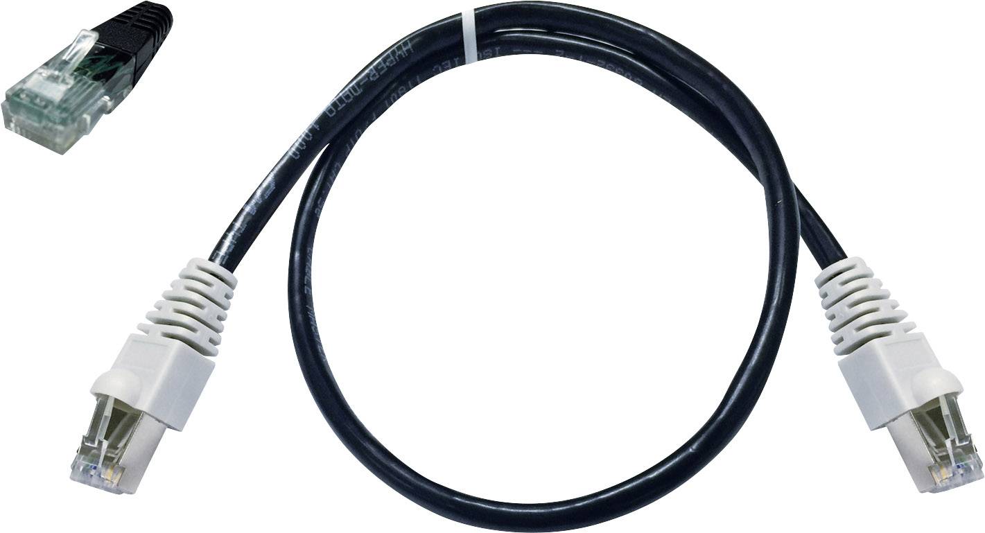 A black Ethernet cable with RJ45 connectors at both ends. A close-up of a connector is located in the top left.