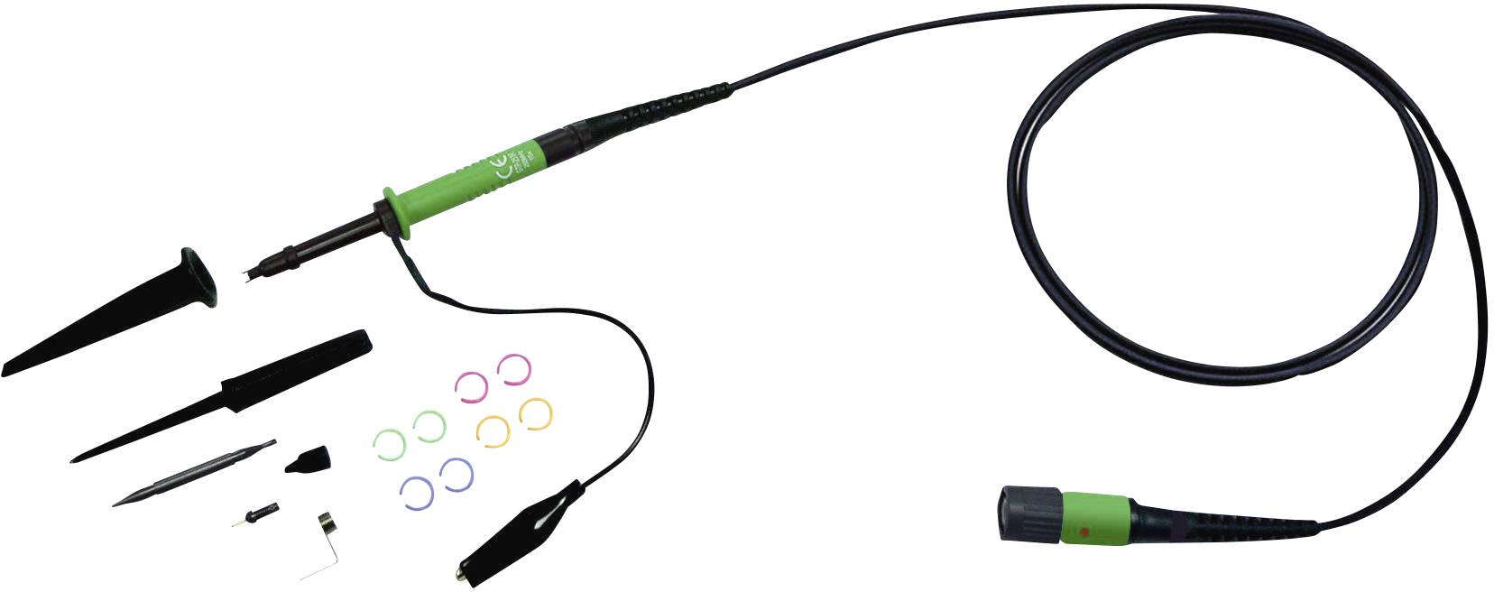 Oscilloscope Probe Set with Accessories: Probe, Crocodile Clip, Coloured Marker Rings, Earthing Cable, Adapter and Test Clip.