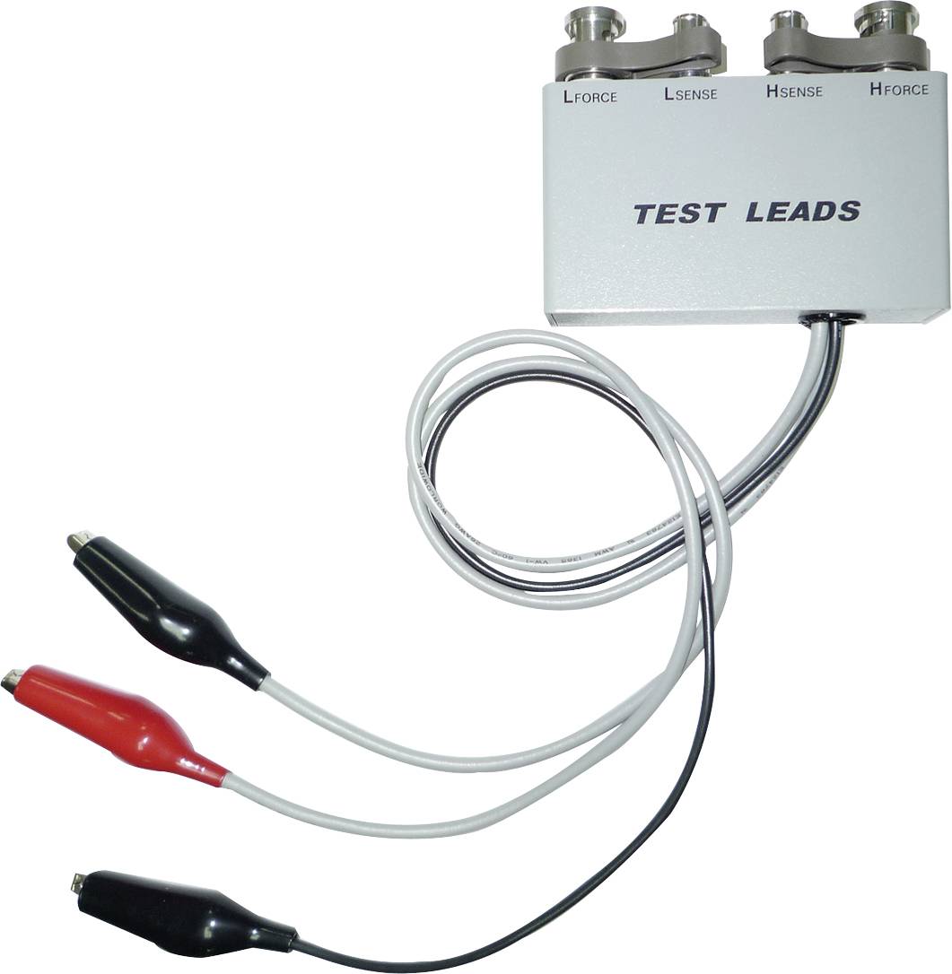 A white testing device with three connectors, labelled 'LForce', 'LSense', 'HSense', 'HForce', and three coloured cables: red, black, white.