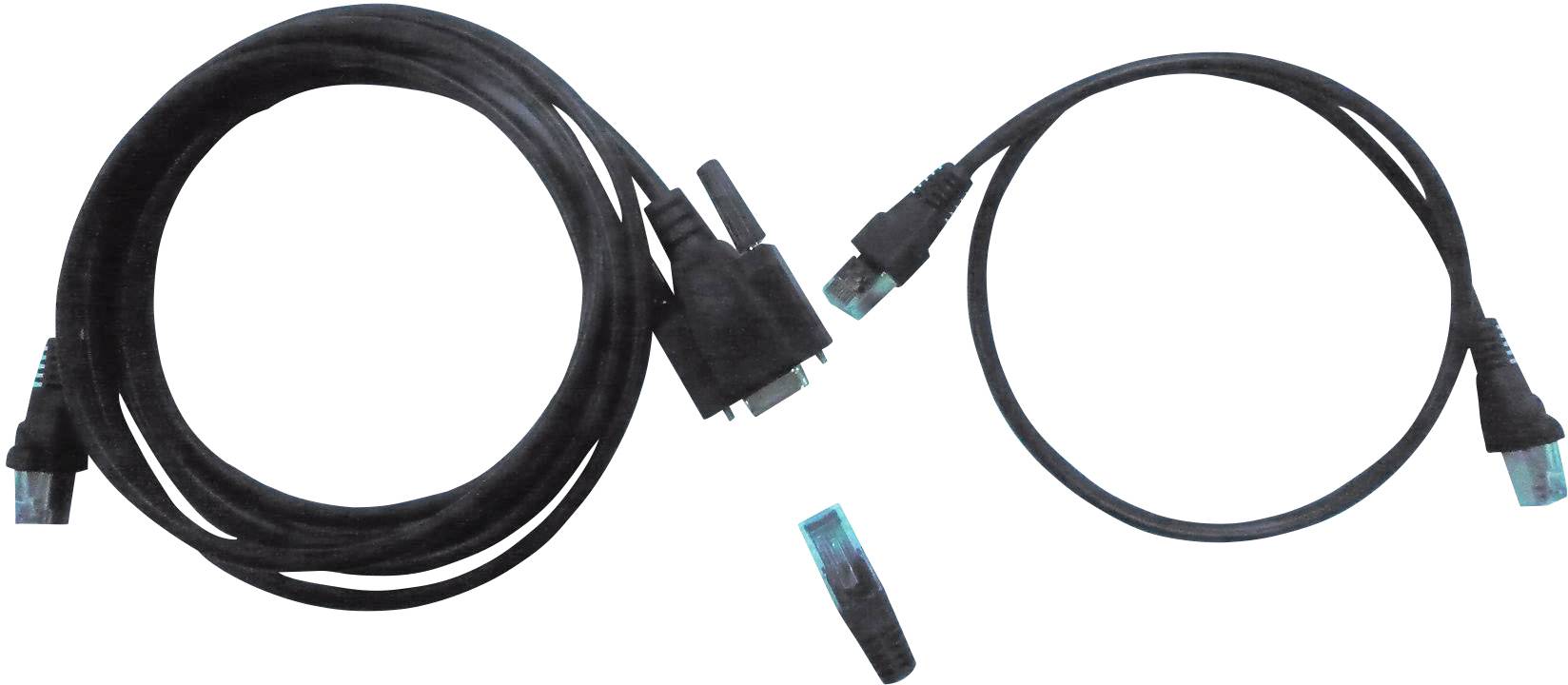 'This picture shows two black Ethernet cables. One of the cables has a special end with an adaptor for a serial interface. A loose blue cable end lies between the two cables.'