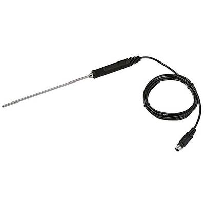 A temperature sensor with a long metal probe and cable with plug. Used for measuring temperatures in various applications.