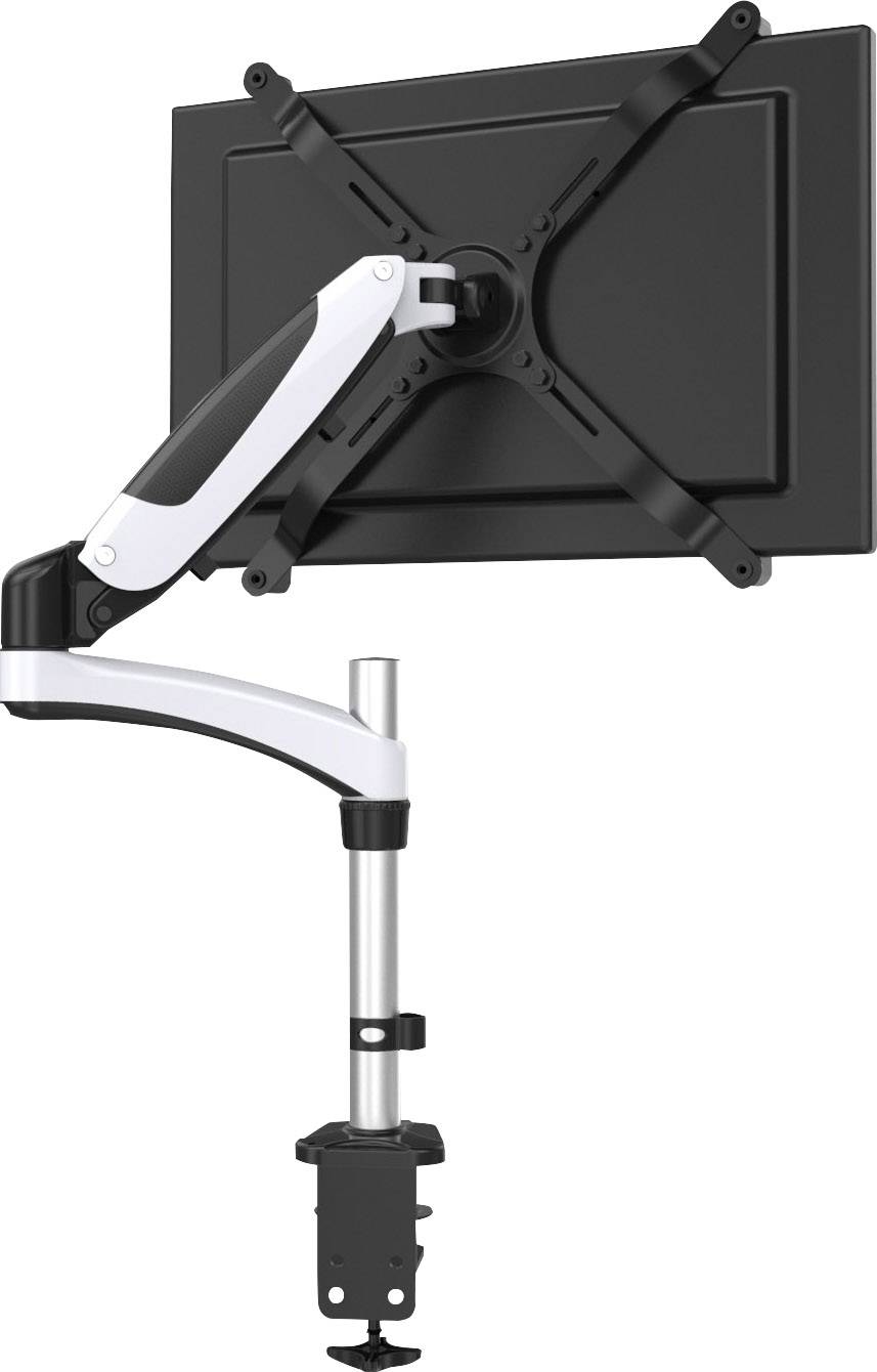 Monitor mount with an adjustable arm attached to a desk, enabling flexible screen positioning.