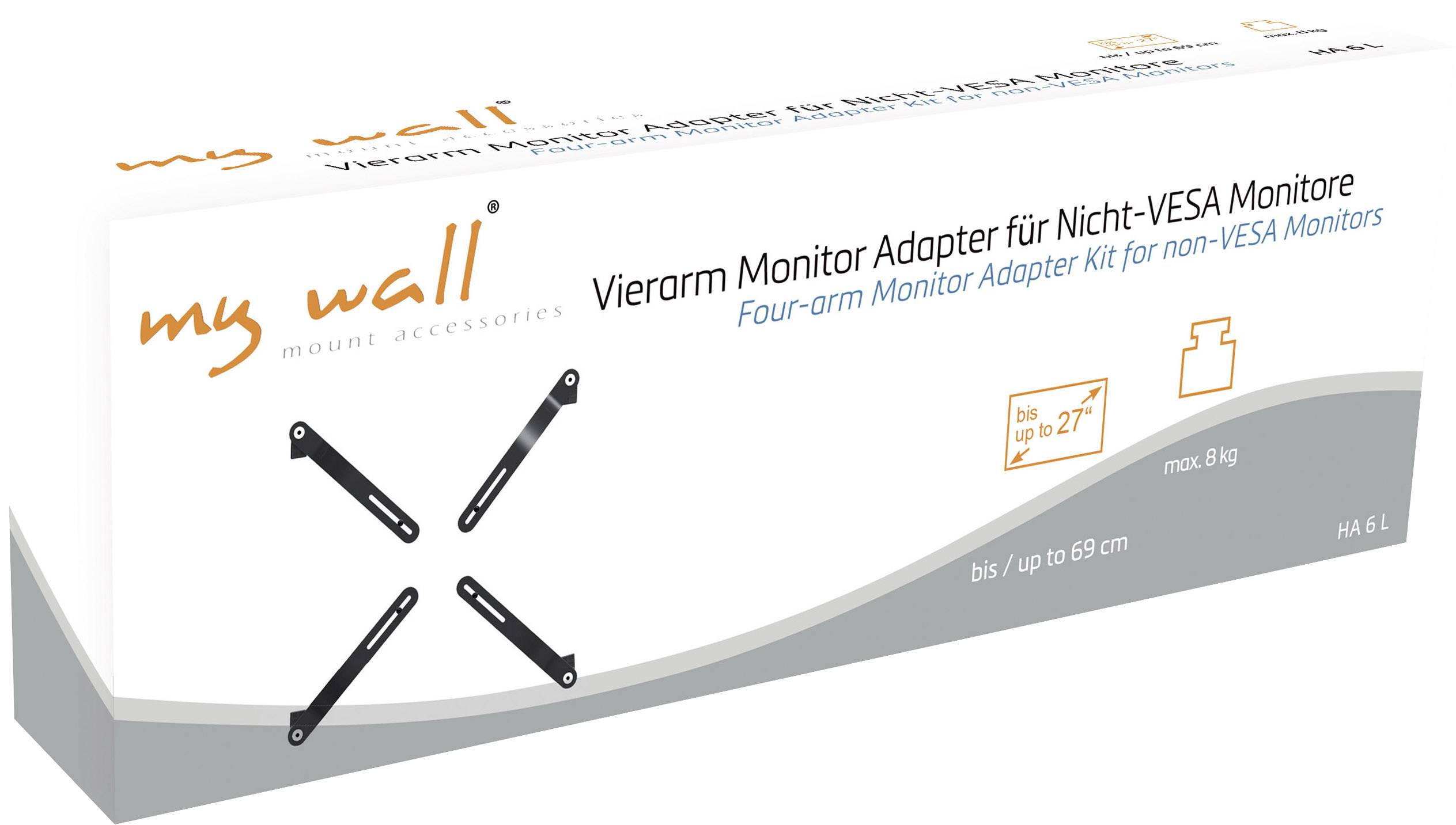 Packaging for a Four-Arm Monitor Adapter for Non-VESA Monitors up to 27 inches, max. 8 kg. Brand 'my wall', including accessory illustrations.