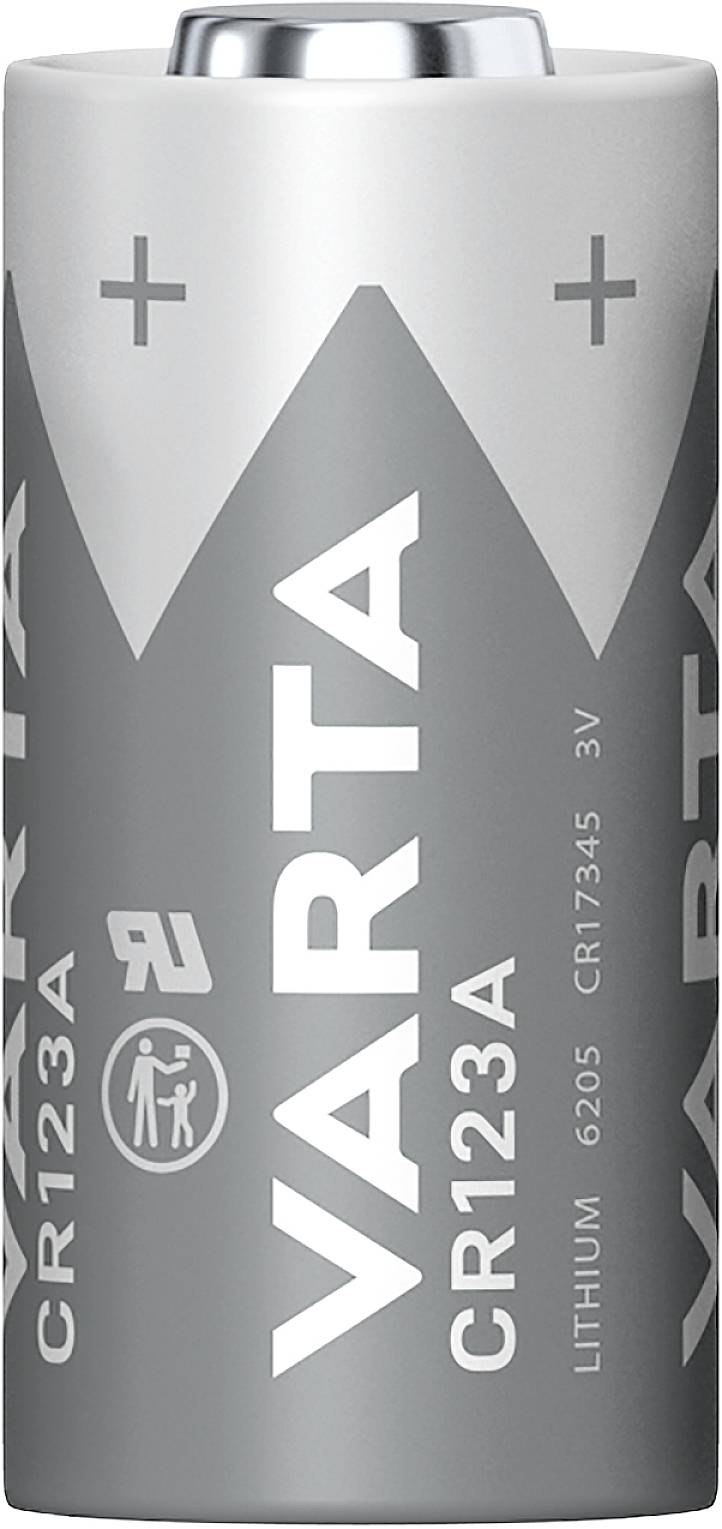 Grey VARTA lithium battery, model CR123A, voltage 3V.
