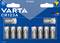 A pack of ten Varta CR123A lithium batteries, in a blue packaging with the brand logo and the inscription 'Battery Experts Since 1887'.